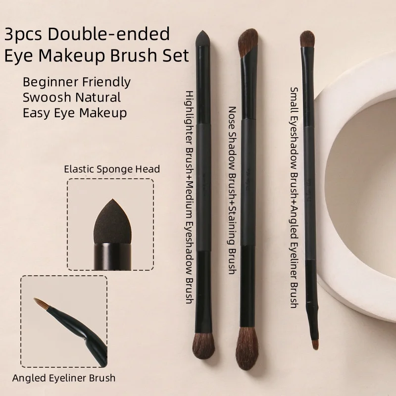 3pcs Eyeshadow Brushes Set Makeup Eye Shadow Smudge Brush Horsehair Angled Eyeliner Nose Shadow Brushes Premium Qualiyty
