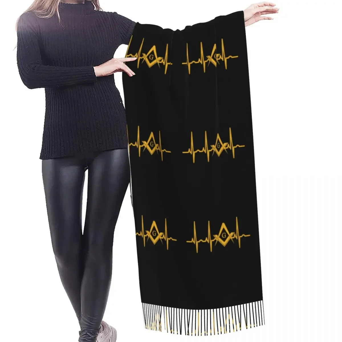 Female Large Heartbeat Freemason Scarves Women Winter Fall Soft Warm Tassel Shawl Wraps Masonic Mason Versatile Female Scarf