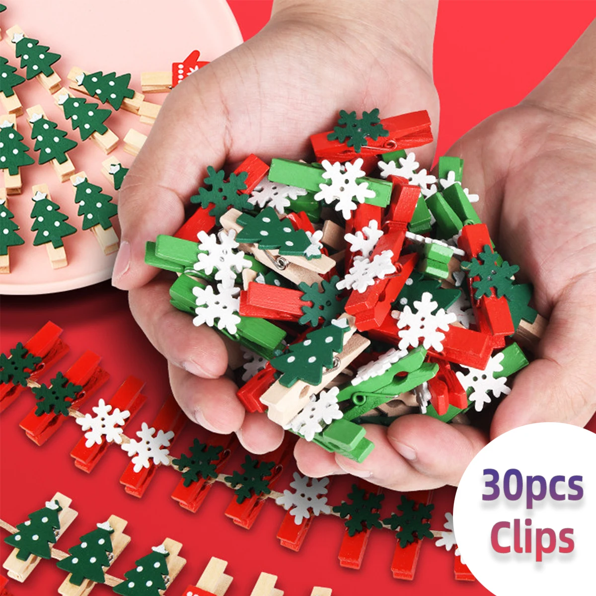 

30pcs/set Christmas Wooden Photo Clips Pendant Elk Gloves Snowflake Clothespins DIY Photo Pegs for Christmas Tree Decor