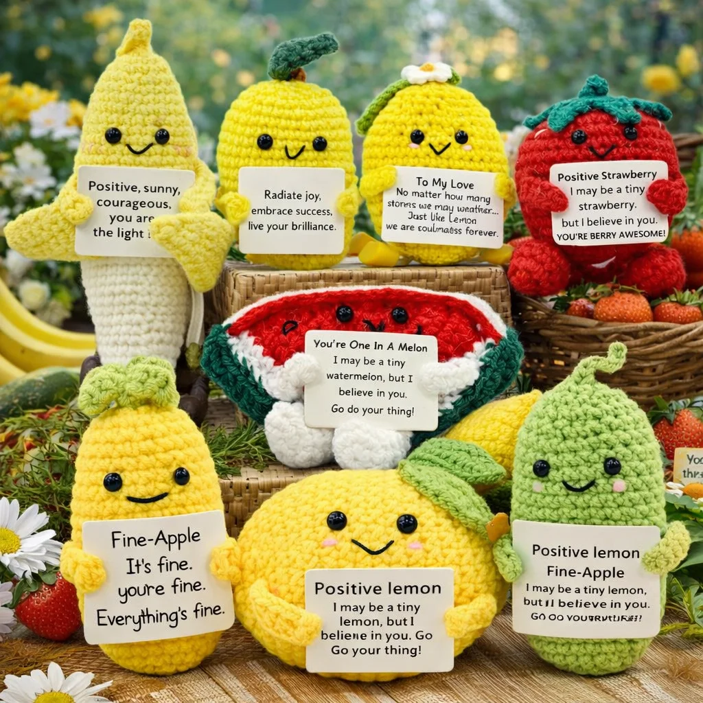 Veggie&Fruit Series Positive Energy Crochet Lemon Banana Handmade Knitted Doll with Encouragement Card Mini Desk Decor Gift