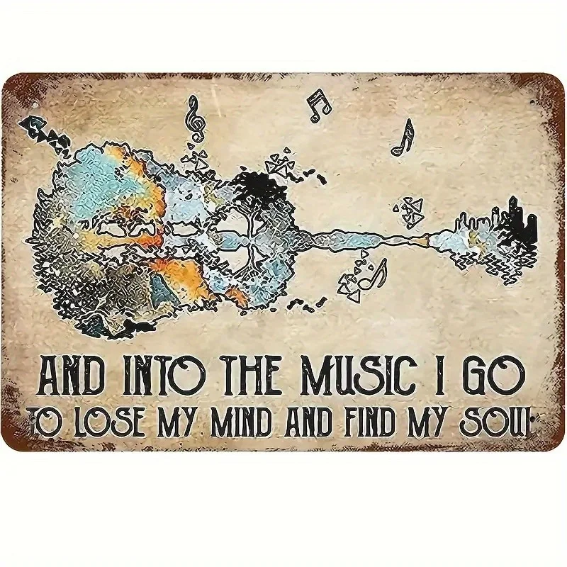 2D Metal Sign Retro Guitar 8x12 Inch Forged Music Quote Wall Art Vintage Note City Skyline Decor for Home Bar Man Cave