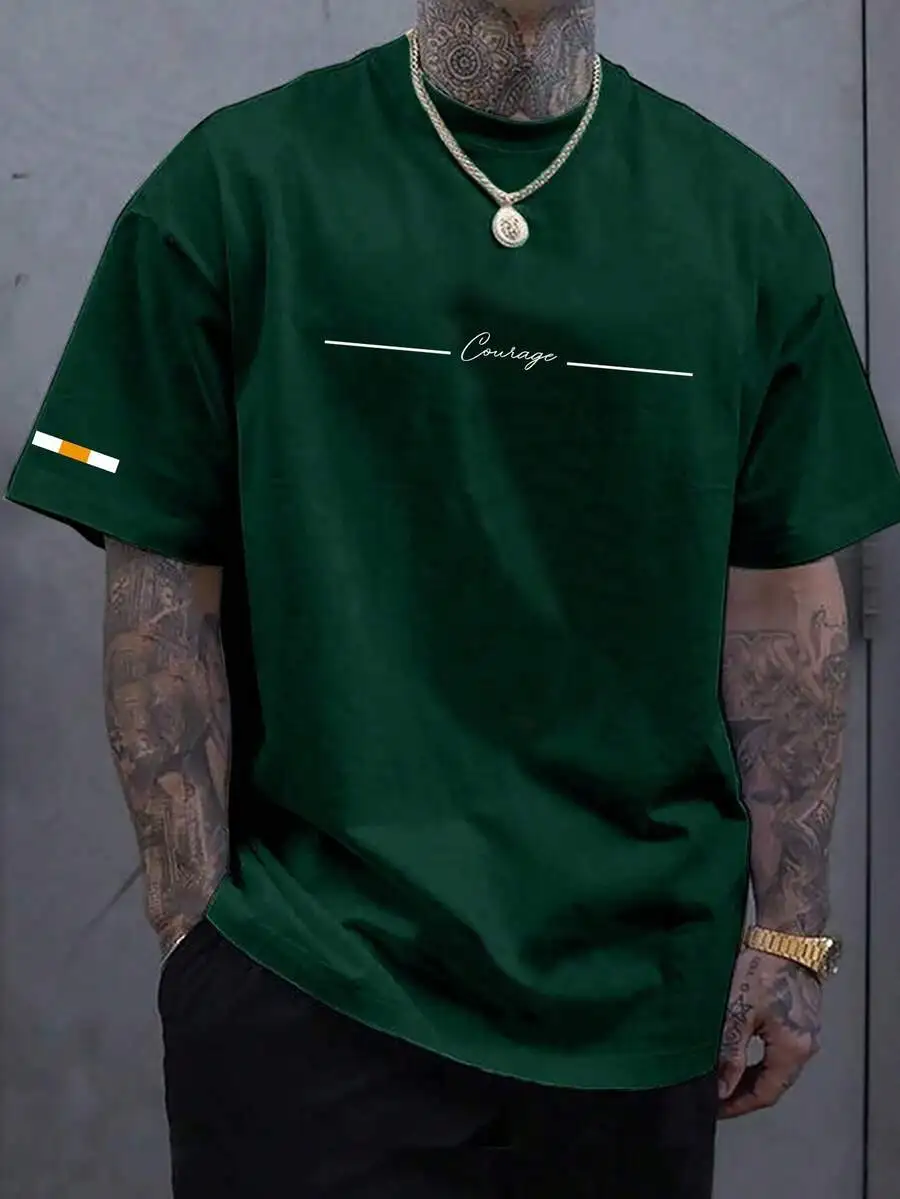 

Men's Green Round Neck Casual T-Shirt with Courage Print and Sleeve Stripe