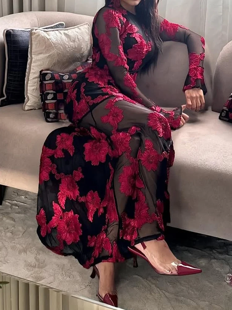 ชุดเดรสยาวทรงเข้ารูปลายดอกไม้แบบแจ็คการ์ด แฟชั่นสำหรับผู้หญิง ดีไซน์เซ็กซี่โชว์หลังเว้า  ชุดราตรีหรูหรา คอทรงโอ แขนยาว เหมาะสำหรับงานเลี้ยงตอนเย็น