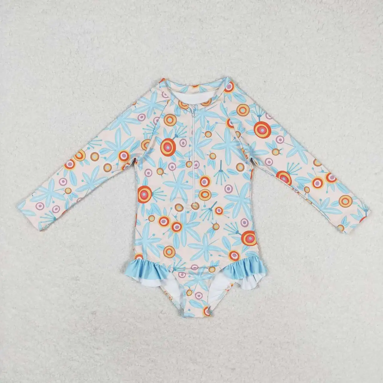 GSD0882  Kids Clothes Girl Long Sleeves Top Leaf Orange Circle Zipper Print  With One-Piece Swimsuit Children Clothes