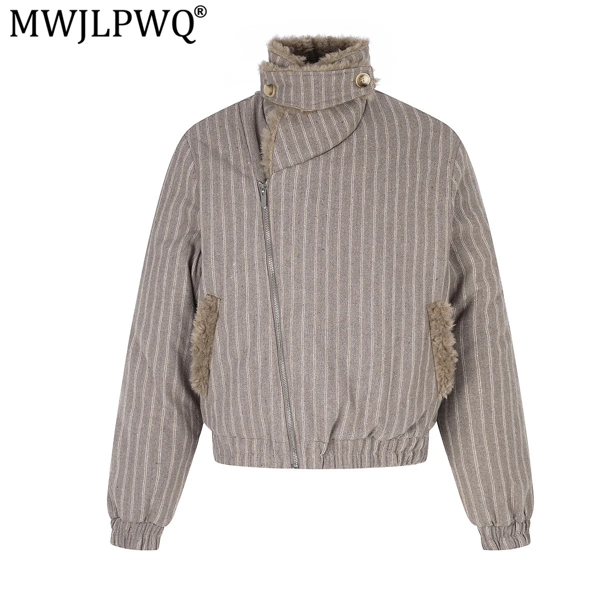 MWJLPWQ Striped Winter Fleece-Lined Cotton Jacket Men's Stylish American Diagonal Zipper Design Quilted Outerwear New 21365