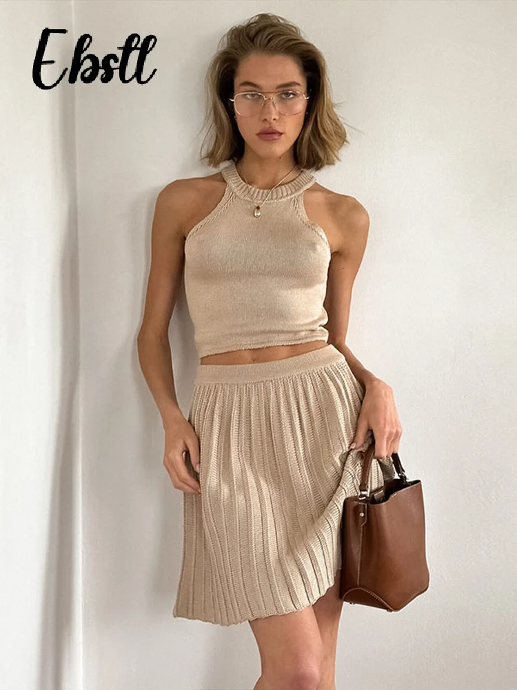 

Уютная вязаная однотонная юбка-жилет, женский комплект, отпускный топ без рукавов с круглым вырезом, плиссированные мини-юбки, весна-лето 2024, пляжный женский костюм
