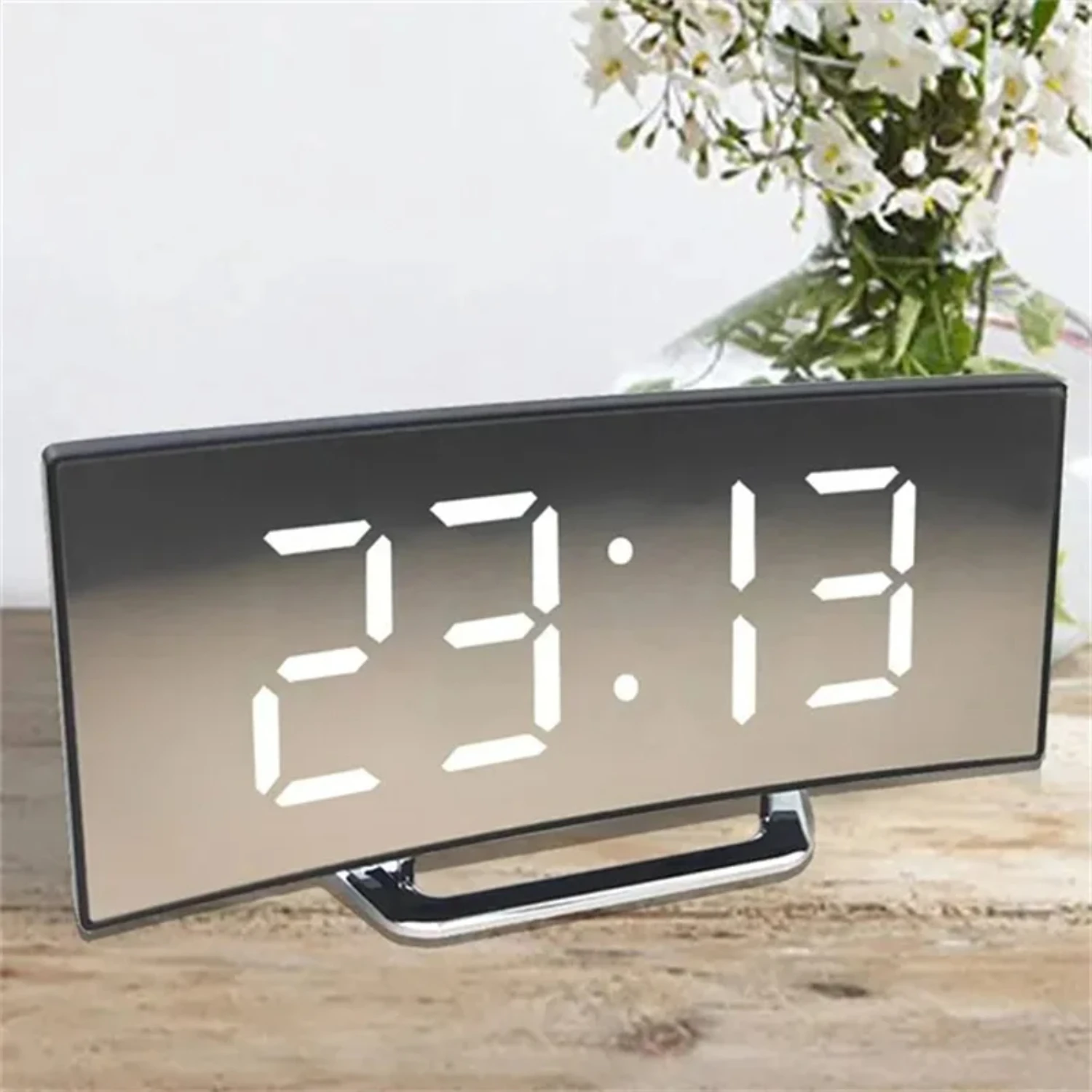 Stylish Modern Large Curved Mirror Display Digital Alarm Clock - Creative Chic USB Charging Powered Bedside Table Clock for Home