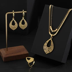 Stainless Steel Geometric Pendant Double Layer Chain Snake Bone necklace earring ring Set for Women gold Color Party Jewelry Set