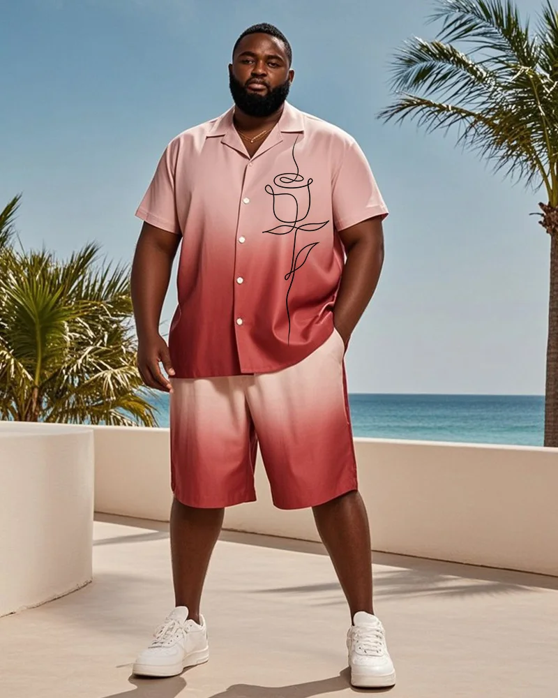 

S-9XL Big and Tall Men Summer Gradient Minimalist Line Art Print Oversized Shirt Shorts Set Multi-Design Casual 2-Piece Outfit