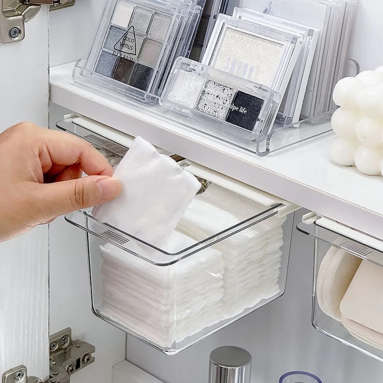 Palo de algodón transparente para baño, caja de almacenamiento estilo cajón extraíble para baño, maquillaje de algodón, debajo del gabinete con espejo