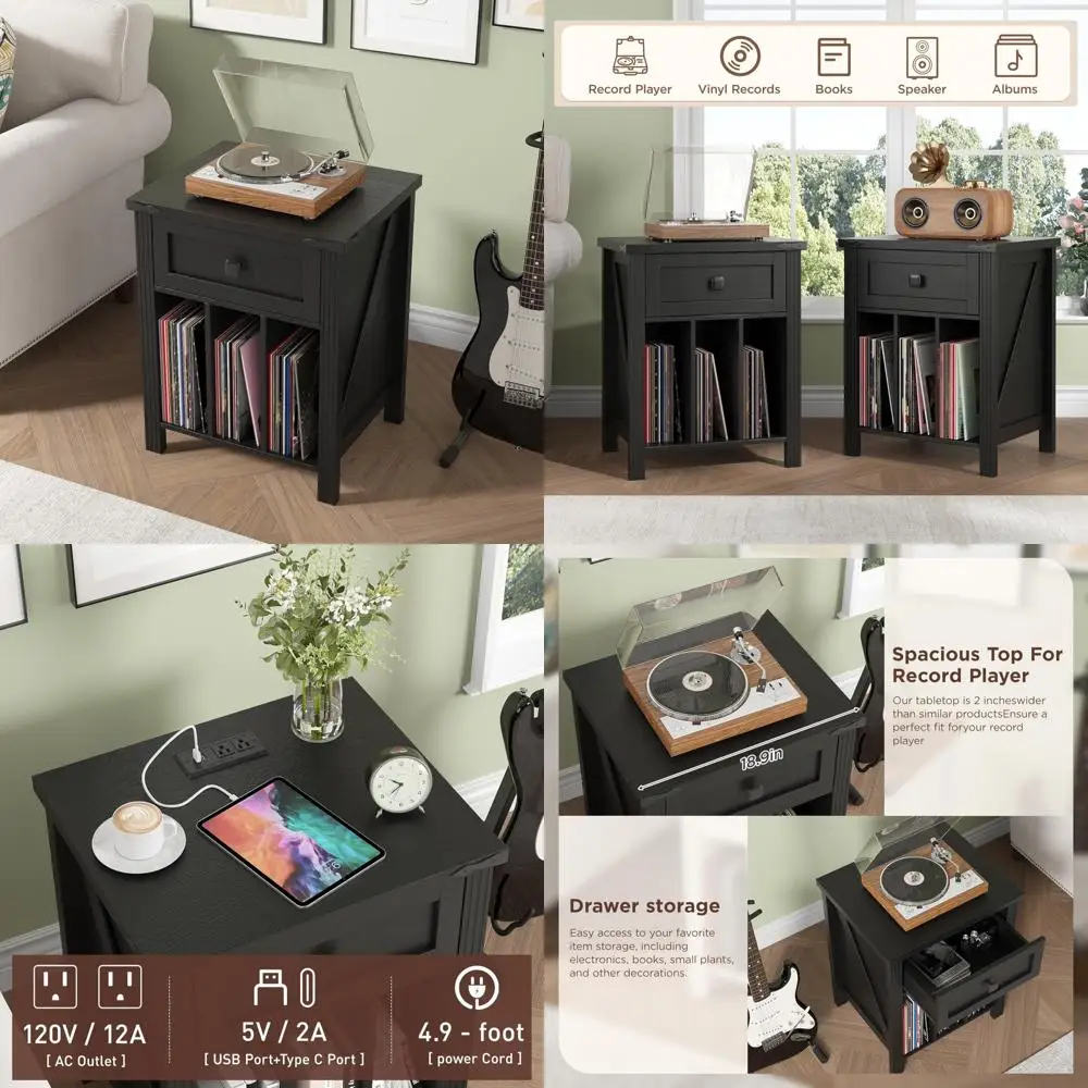 

Vinyl Record Storage Cabinet with Turntable Stand and Charging Station, Wooden Display Holder for Record Albums