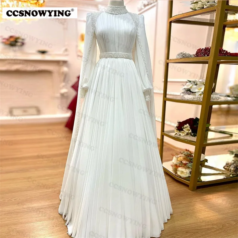 Muslim Chiffon Sequin Beaded Wedding Dress for Bride Islamic Long Sleeve with Cape Bride Gown Saudi Arabia Vestidos De Novia