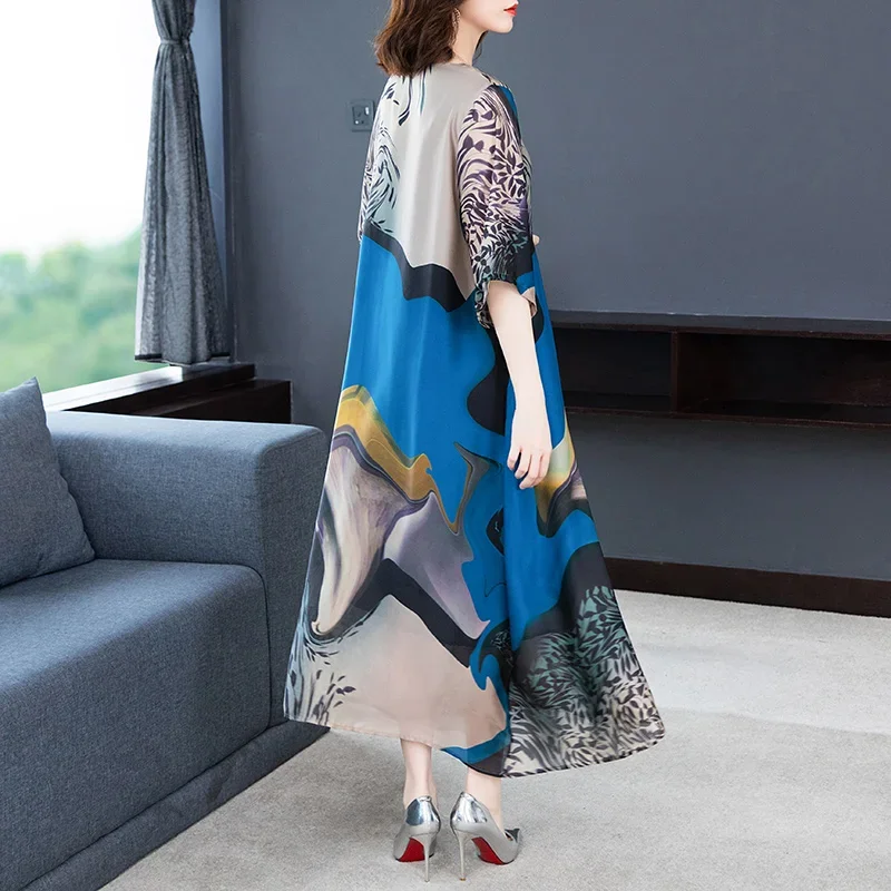 Loose Print Mulberry Silk Maxi Dress Summer Vintage 4XL Plus Size Chiffon Dress Women Elegant Bodycon Party Vestidos