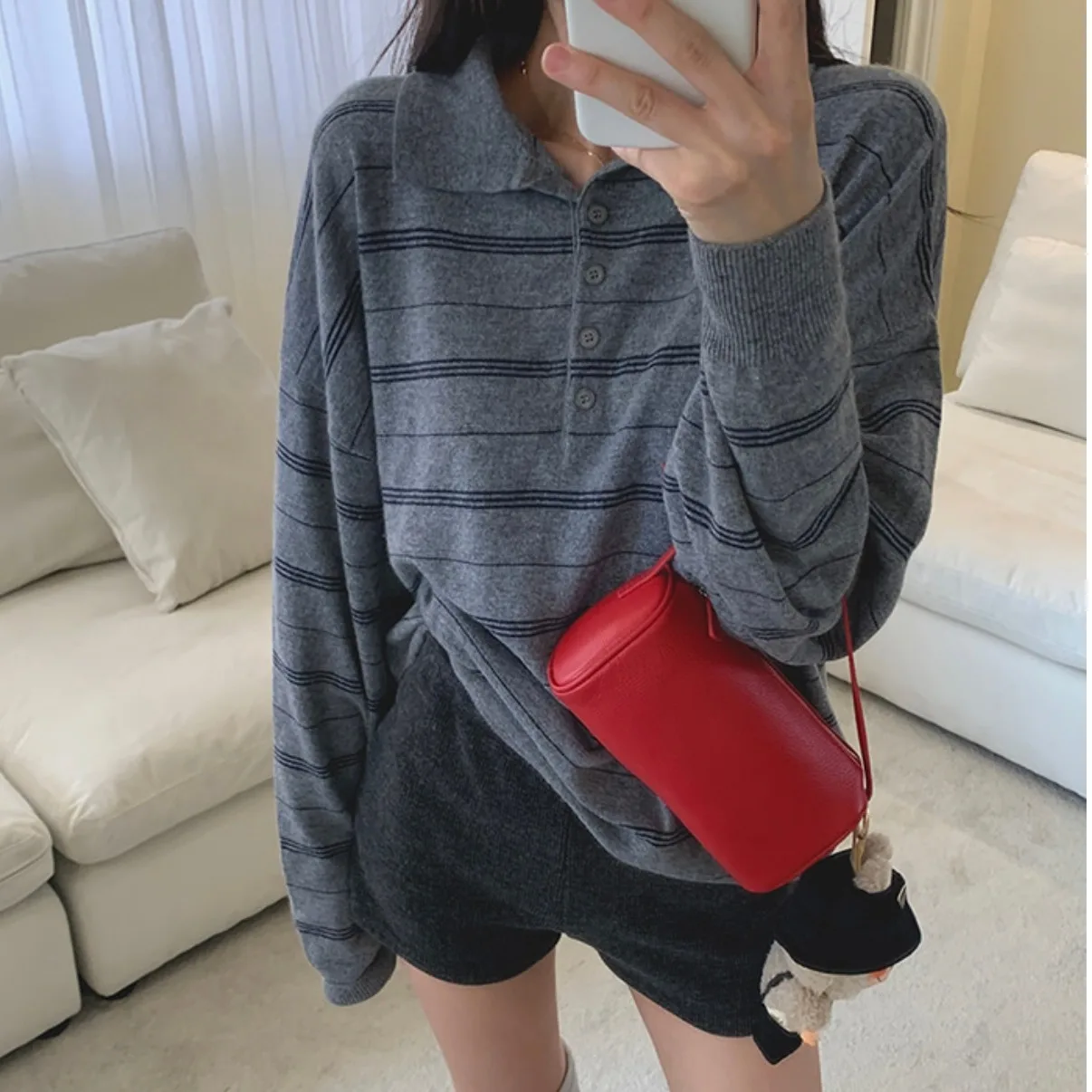 

Women's Loose Fit Ne Striped Sweater Autumn College Sle Versatile Retro Knitted Top Slimming Effect Inner Wear
