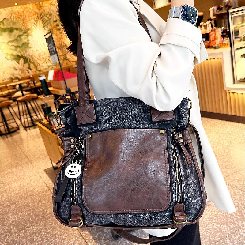Retro Wear-resistant Denim with Soft Leather Tote Bag Women's Handbag Large-capacity Travel Bag Shoulder Messenger Sac Bag