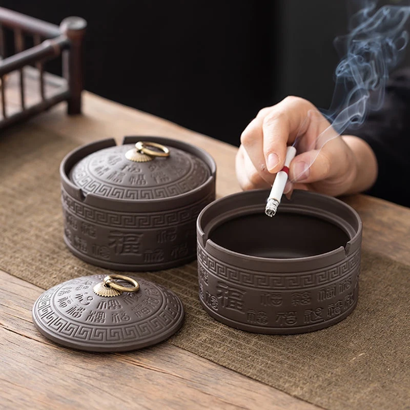 

Creative Retro Purple Clay Ceramic Ashtray With Lid, Windproof Fly Ash Design, Chinese Style Ashtray, Office And Home Decoration