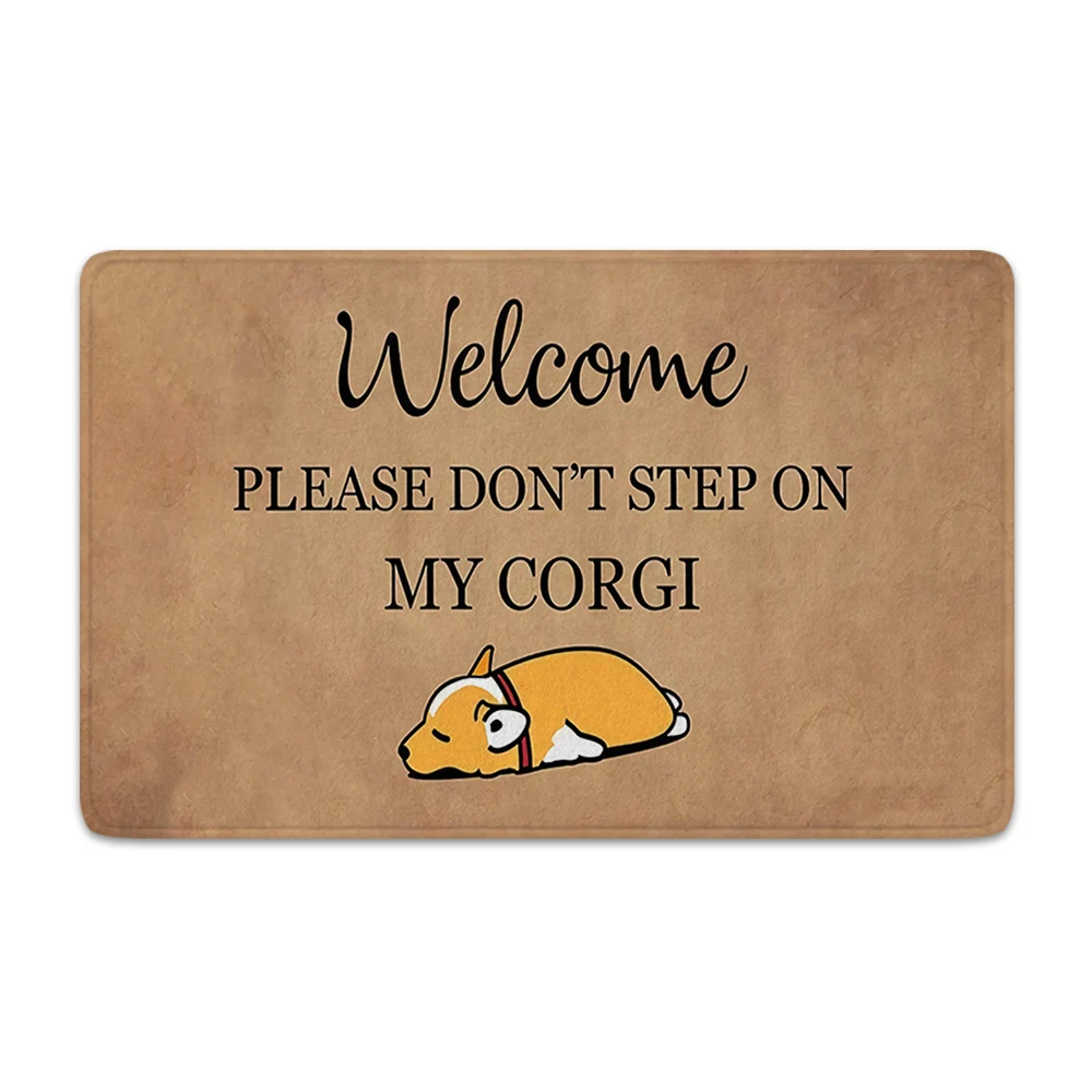 フランネルプリントの屋内ドアマット,ファッショナブルなウェルカムマット,コーギラグを踏まないでください,家の装飾