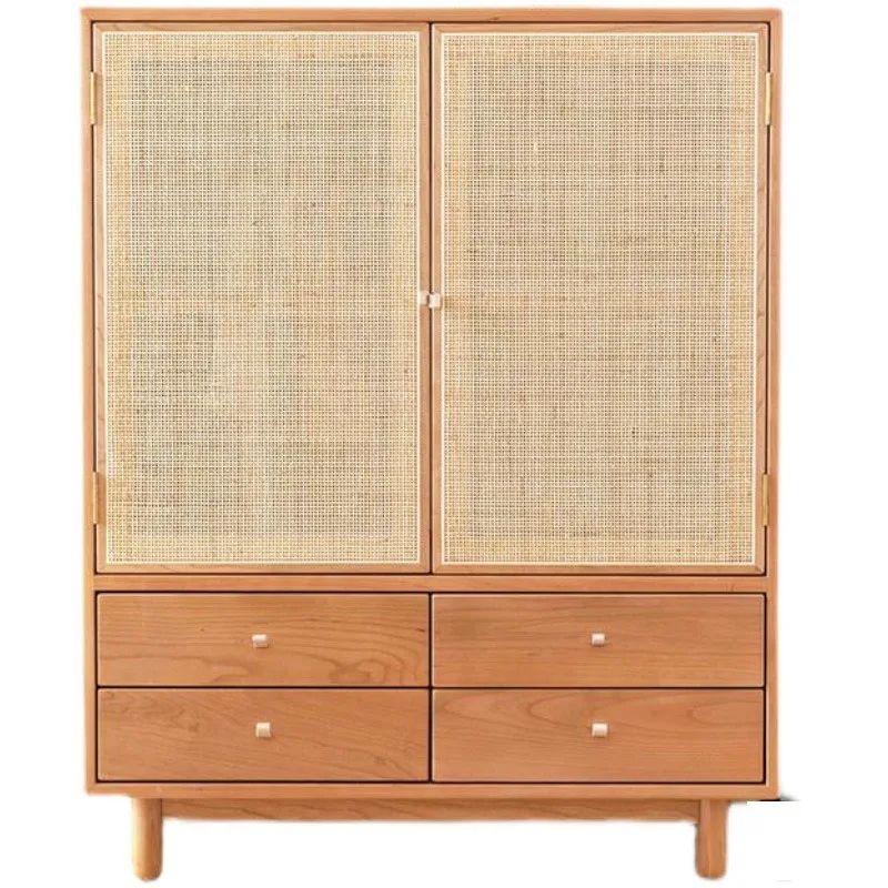 Nordic solid wood wardrobe, household small apartment rattan double door storage locker, bedroom multi-functional wardrobe