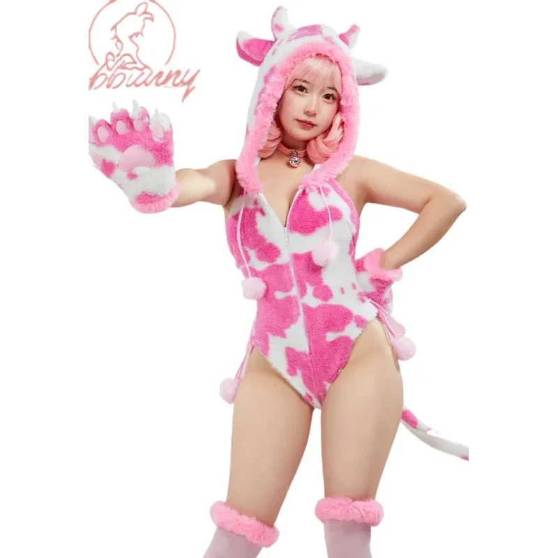 

Mobbunny женское рождественское нижнее белье плюшевое боди с коровьим принтом лапы косплей костюм комбинезон с капюшоном с перчатками в виде лап и носками до бедра