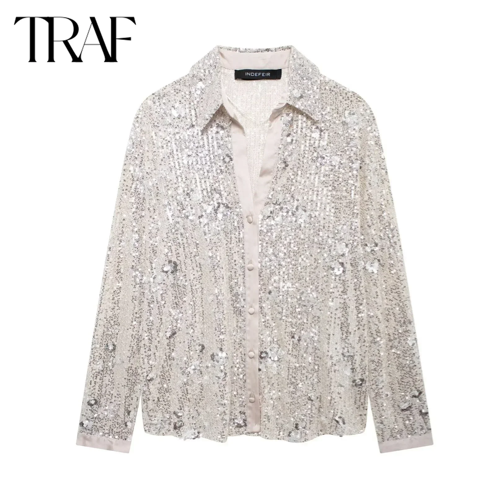 TRAF Sequin Shirt for Women Fashion 2024 Autumn New Lapel Long Sleeved Single Breasted Top Blouse Chic Ladies Tops Mujer