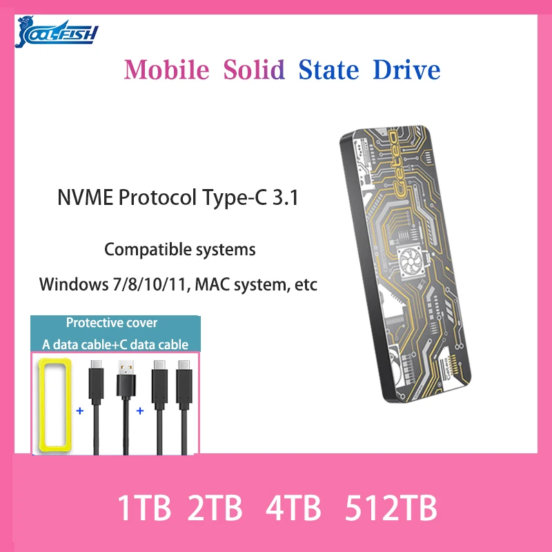 

CoolFish Solid State Drive 512G1T2T4T USB3.2Gen2 External Hard Drive 1tb10Gbps NVME Type-C3.1 Windows 7/8/10/11 MAC Laptop Free