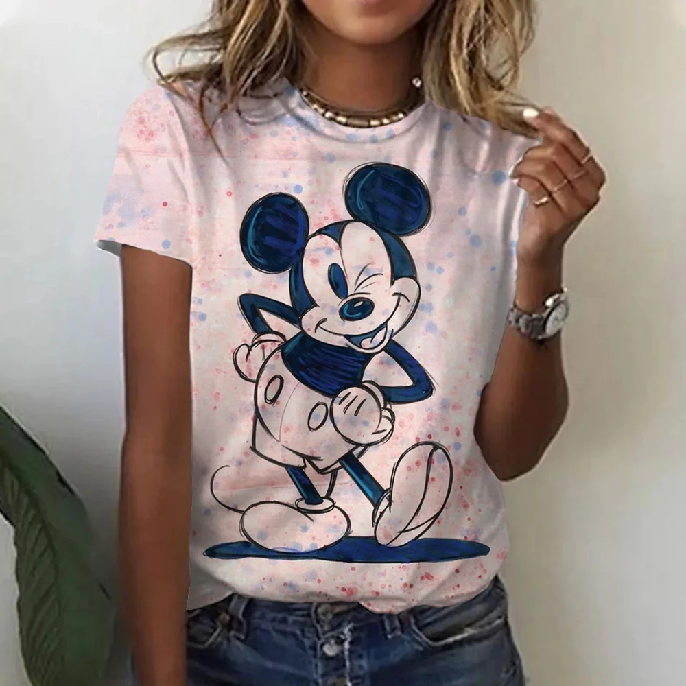 Cute Women's Mickey Mouse Printed T-shirt Summer Men Shirt Fashion Ladies Blouses 2024 Cartoon Minnie Female Tops Kawaii Clothes