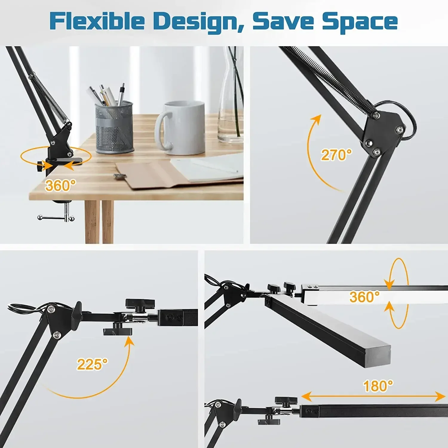 Lâmpada de mesa LED dobrável com braçadeira Luz de leitura para cuidados com os olhos Luz interior 24W Braçadeira de mesa Luz dobrável para escritório, estudo, trabalho