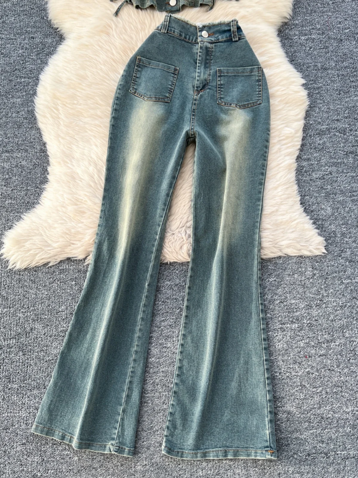 

Retro Sle Women's Denim Set Summer Tie Waist Crop Top plus High Waist Slim Fit Pants Square Collar Faion Ensemble