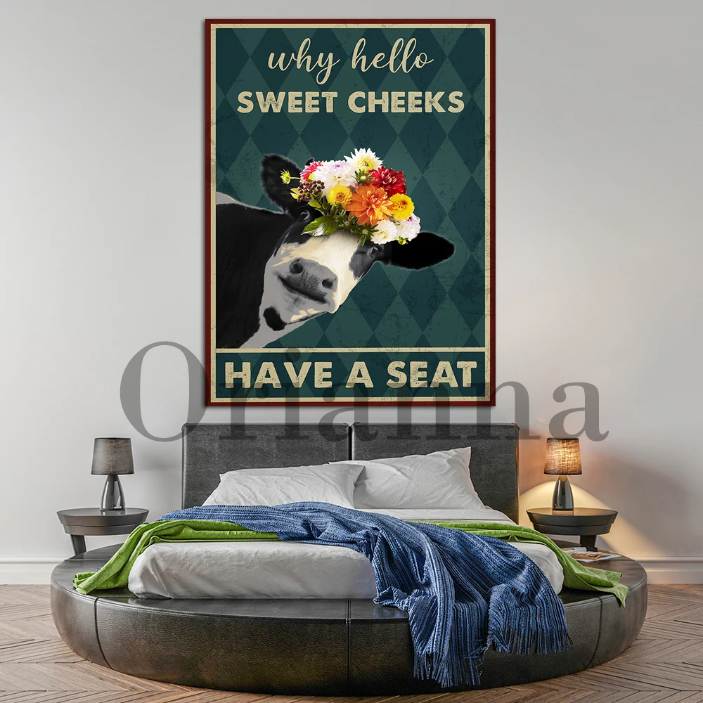 Hello Sweet Cheeks Have A Seat Funny Bathroom Retro Canvas Poster, Cow Bathroom Decor, Bathroom Wall Art, Print Bath Wall Decor,