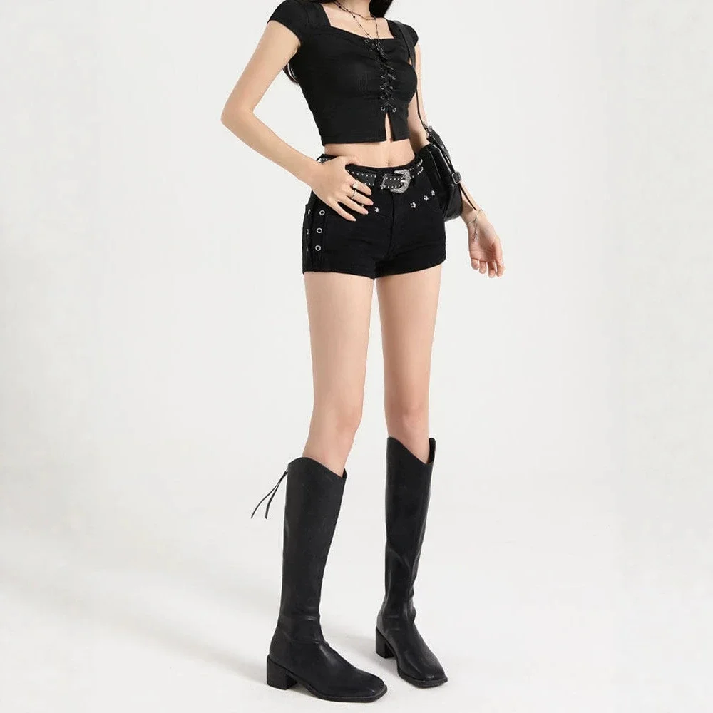 2026Black Y2K Low Waisted Denim Shorts Women Gothic Punk Rivets Slim Fit Micro Jean Shorts Woman Sexy Club Wear Pants No Belt - view 6