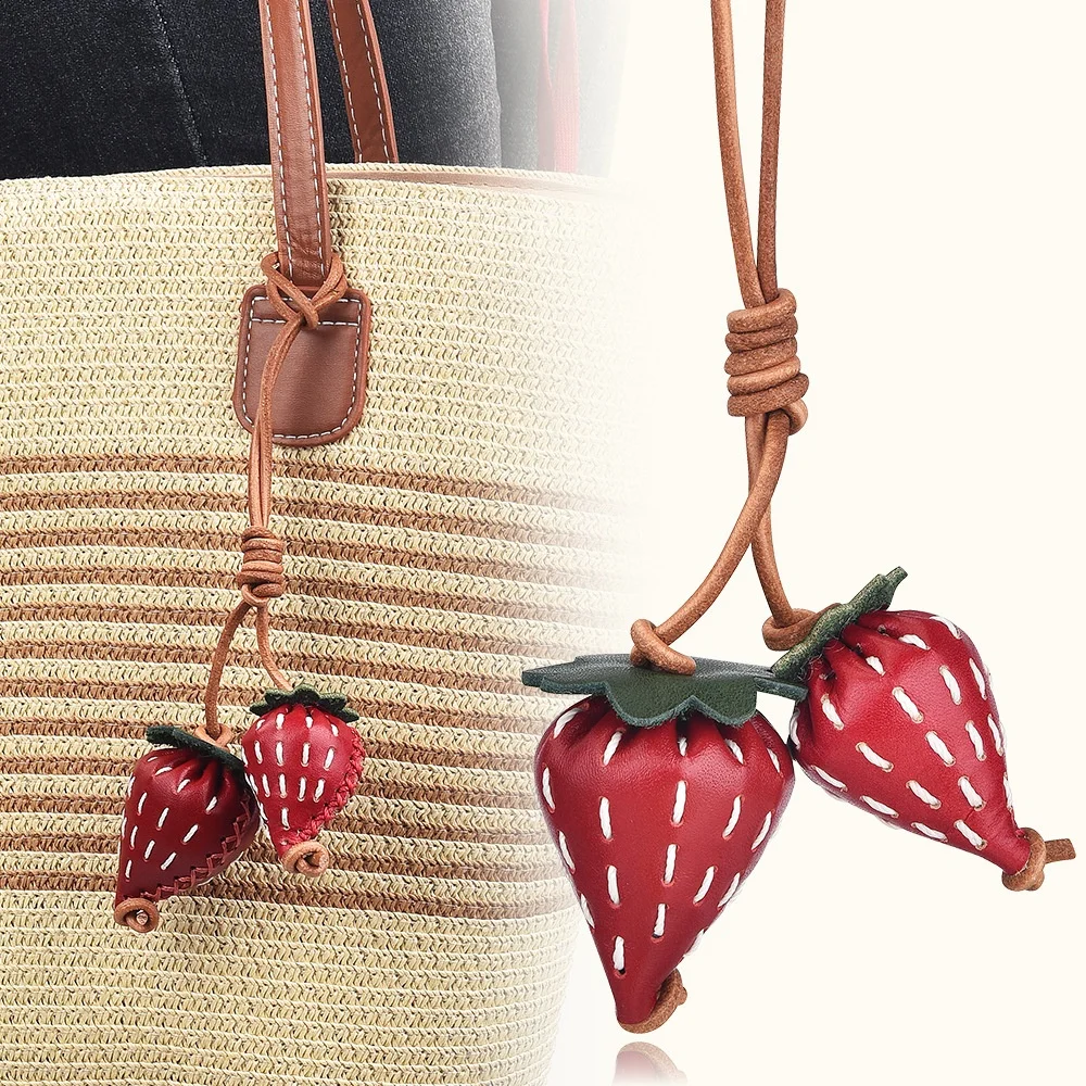 Leather Strawberry Bag Charm Double Strawberry Pendant Long Loop Strap Purse Handbag Styling Accessory Gift for Her Fruit Lovers
