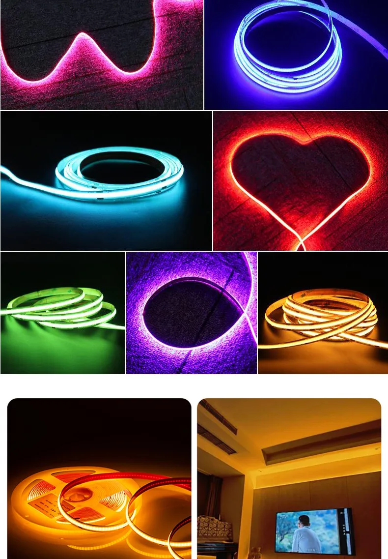 

RGB COB LED Strip Lamp 12V 24V 810 840 LEDs/M 10MM PCB FOB Flexible Tape Light High Density RA90 Linear Dimmable Rope 5M/Roll