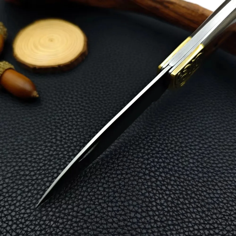 Wooden Handle Folding Knife Three Layer D2 Steel High Hardness Small Knife Brass Relief Camping Multifunctional Knife