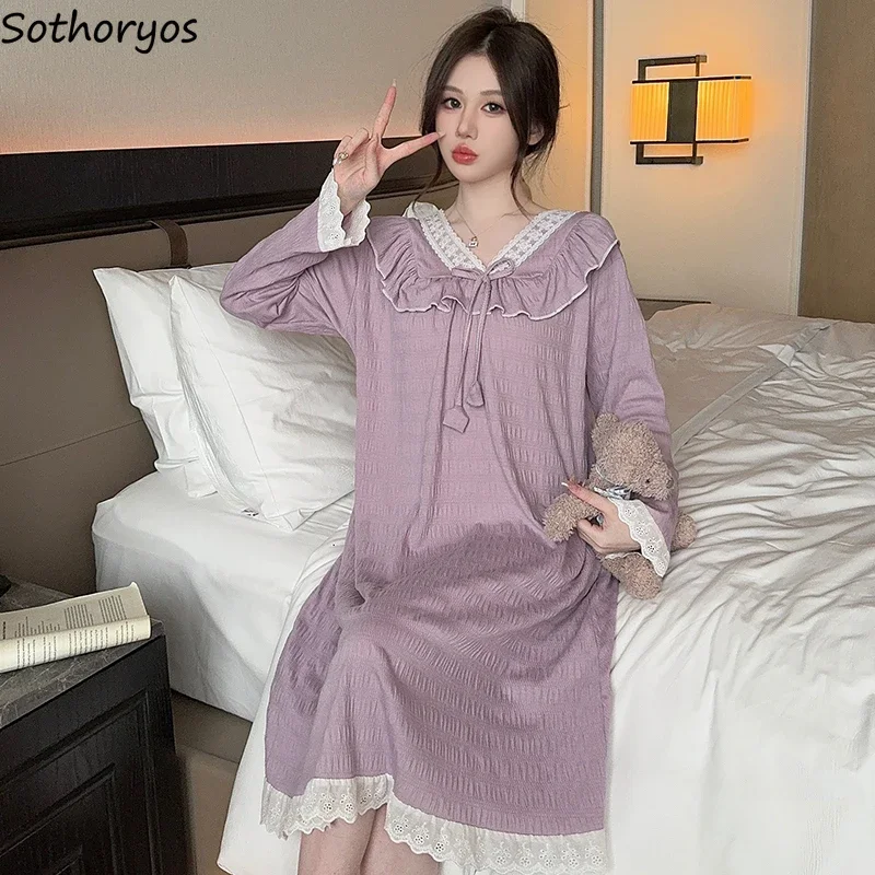 

Nightgowns Women Princess Lace Design Sweet Long Sleeve Sleepwear Home Casual Aesthetic Korean Style College Girls All-match New