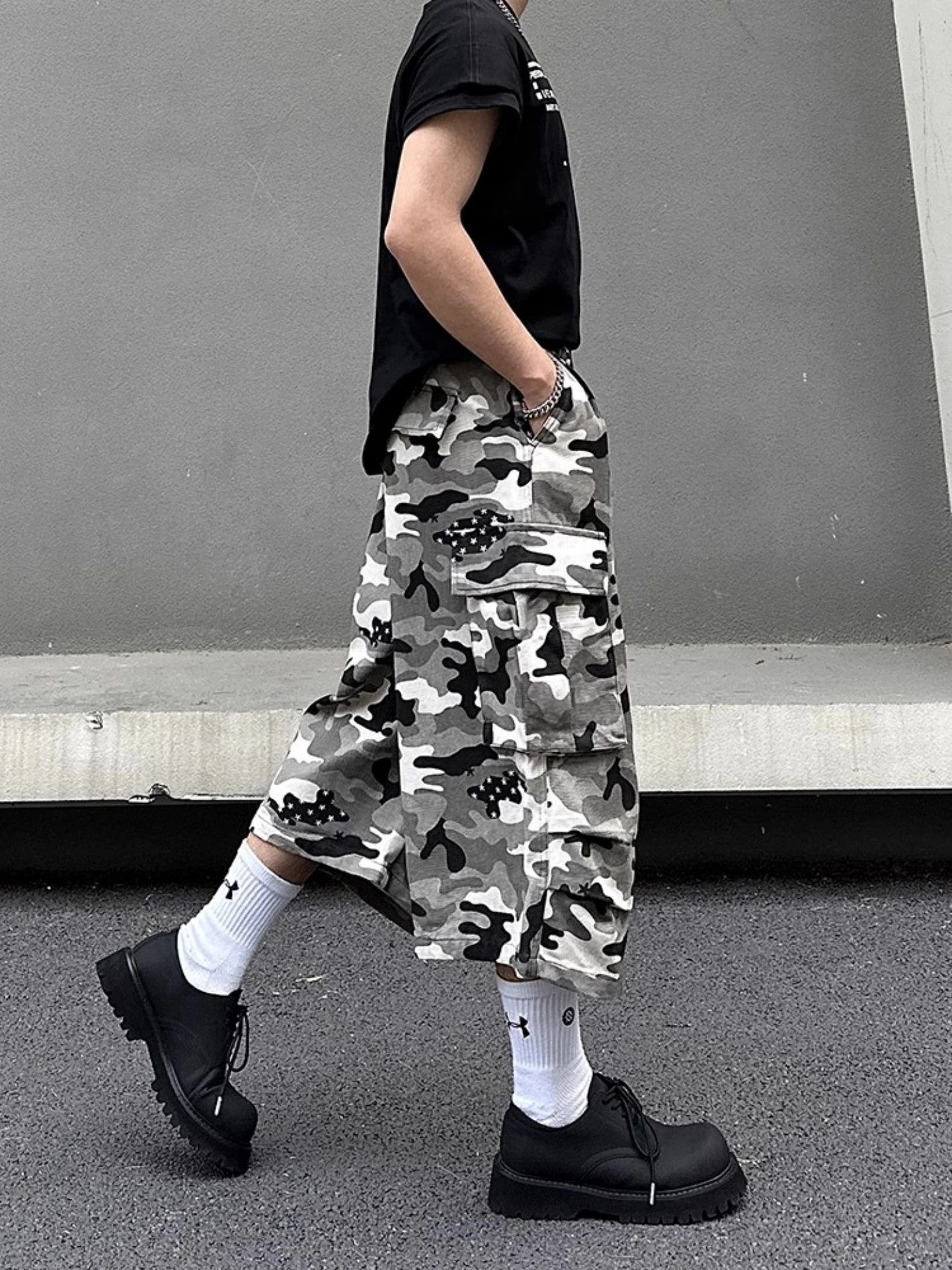 

American High Street Camouflage Work Pants Straight Leg Vibe Flared Jeans Men's Seven-Foot Denim Small Design Multi-ket