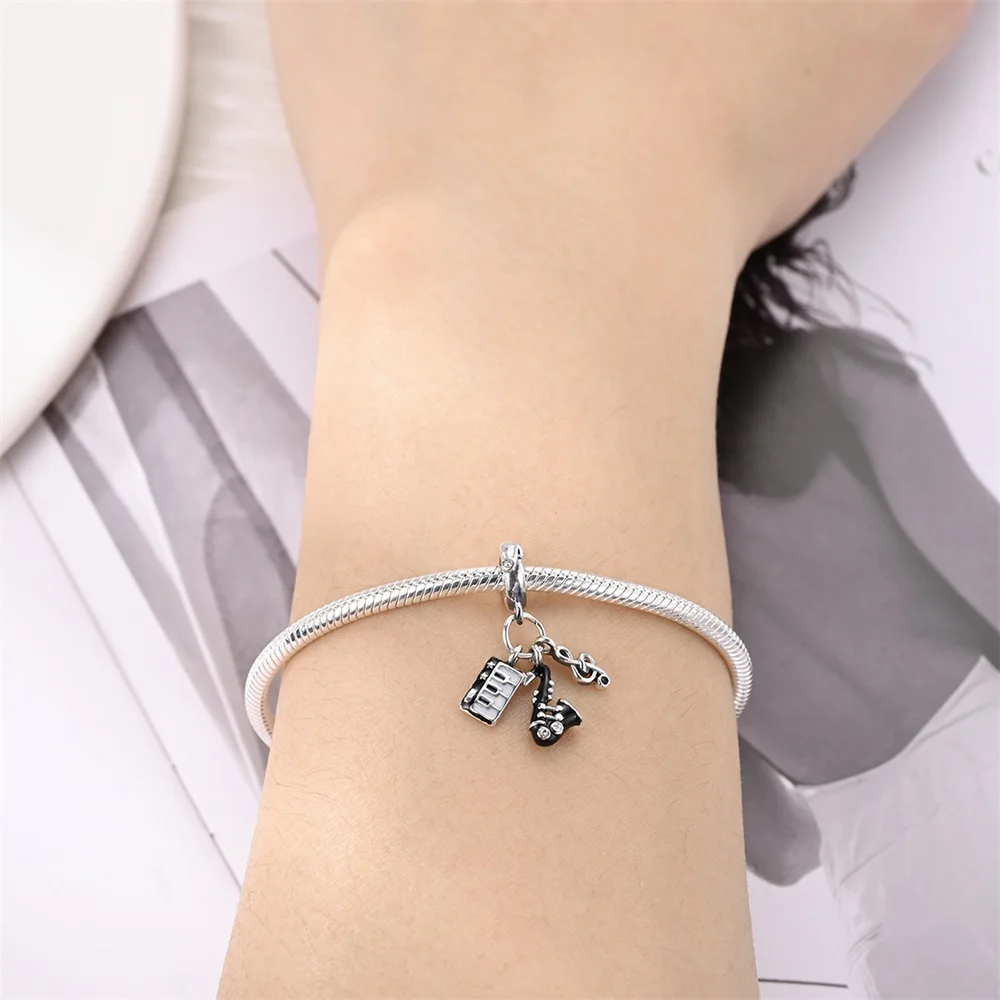 Actual 925 Sterling Silver Punk Saxophone Guitar Triple Charm Fit Bracelet Women's Workplace Jewelry Accessories