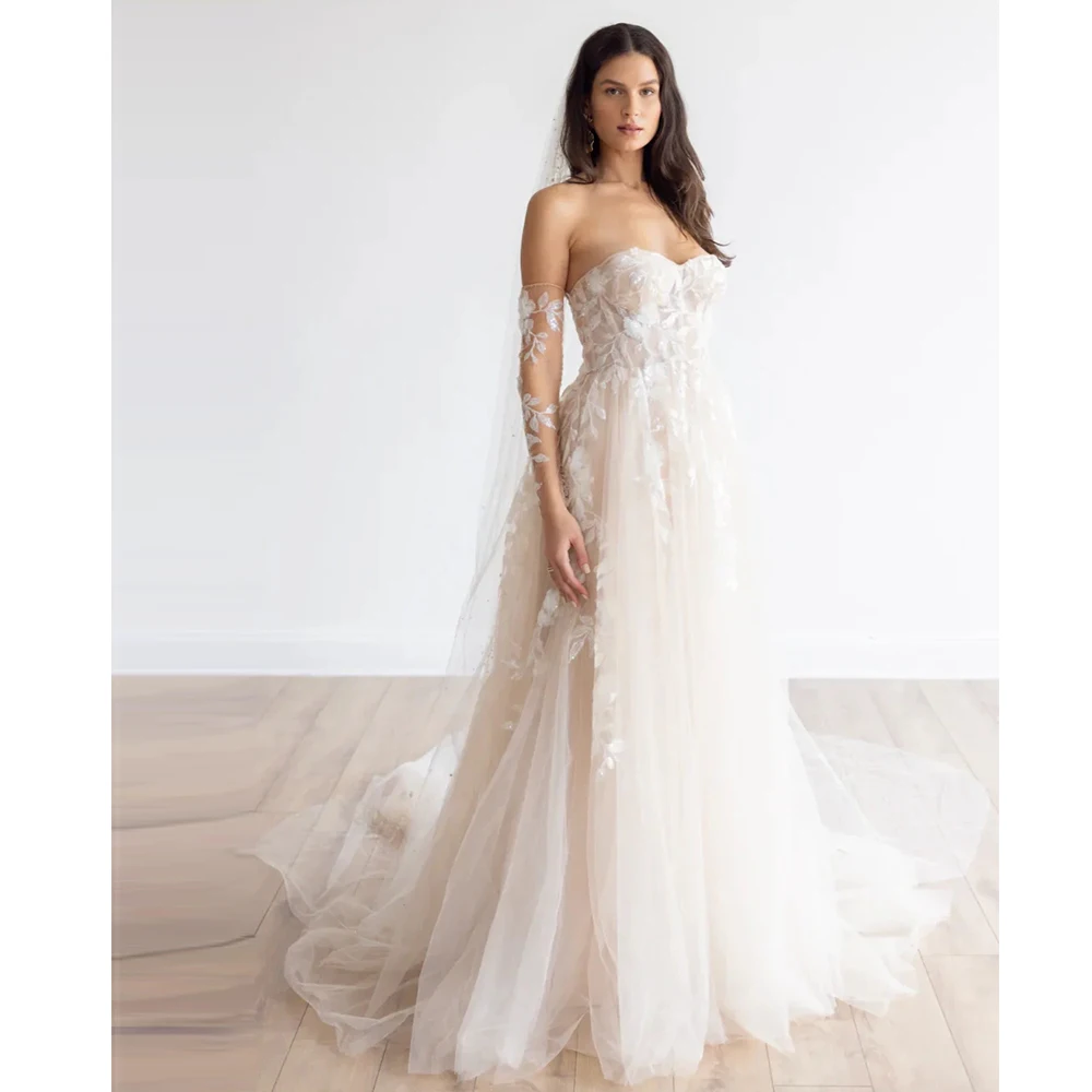 

Customized Tulle Sweetheart Wedding Dress for Bride Long Sleeves Lace Appliques Vestido De Noiv A Line Pleats Bridal Gown