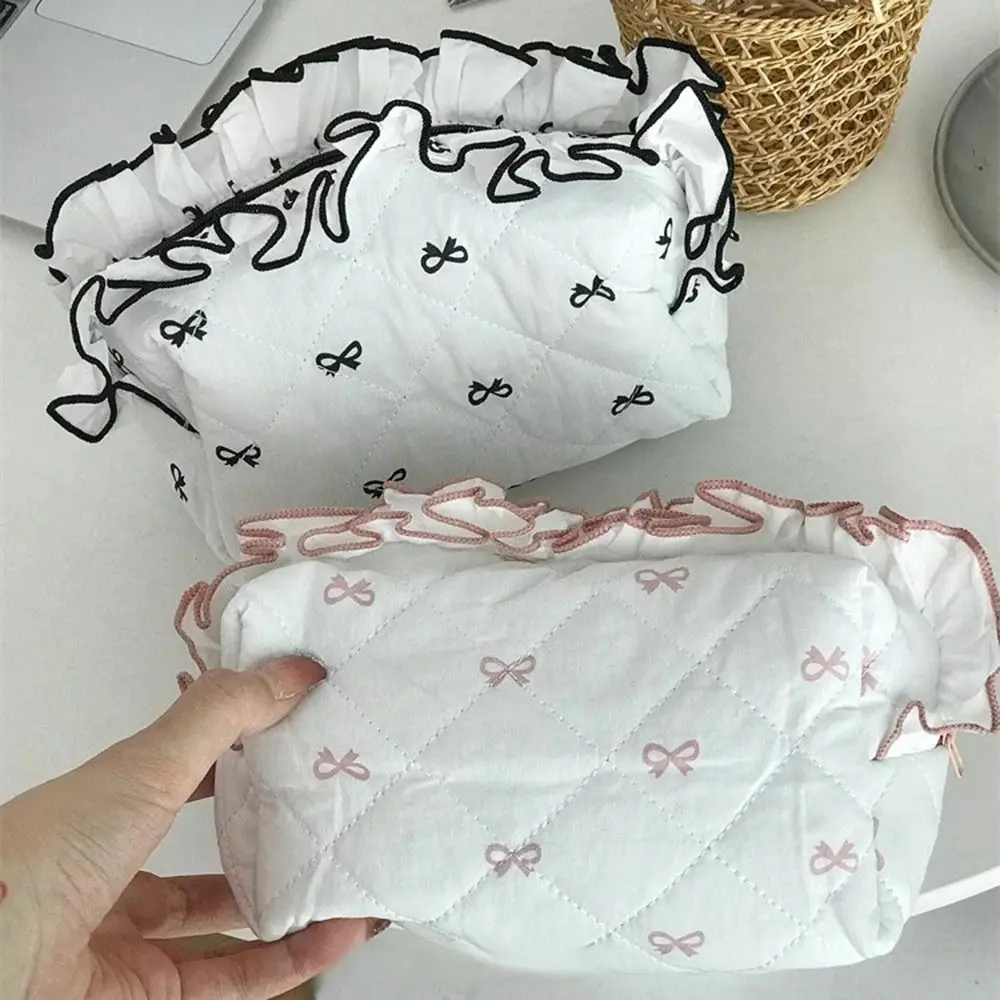 Creative Bow Print Large Capacity Pen Case Flounce INS Stationery Storage Bag Cartoon Detachable Makeup Lipstick Bag Students