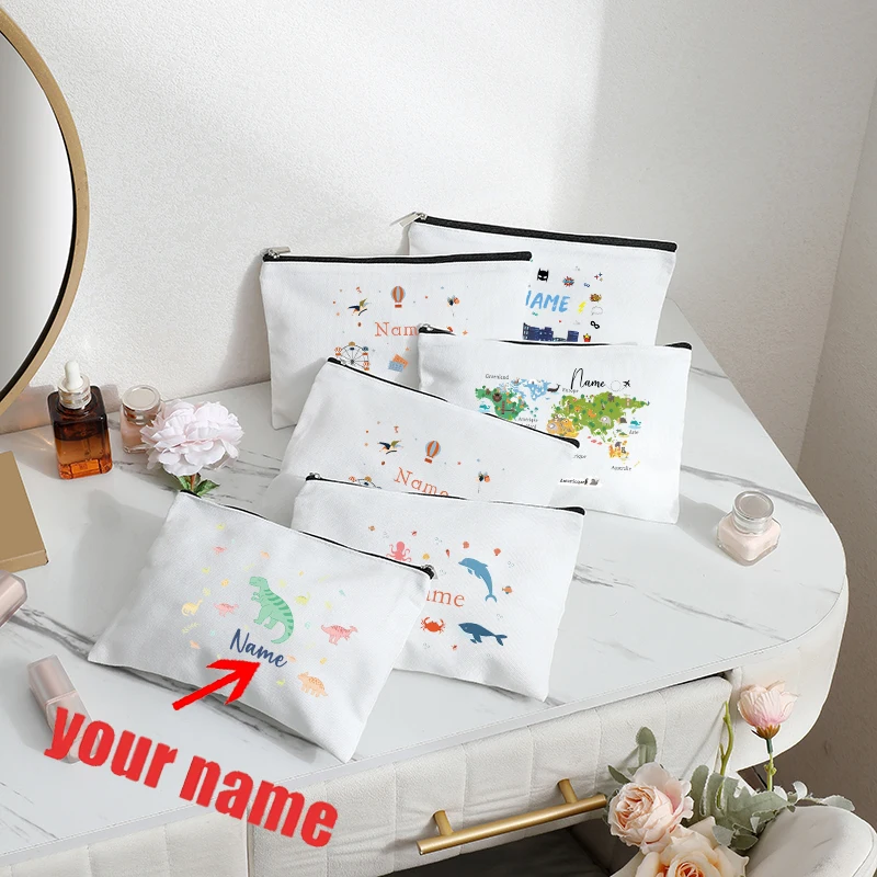 

Customizable with Name Pastel Dinosaur Vintage Circus Sea Animal Patterns Cosmetic Pouch Make Bag for Boy Childrens Friends Gift