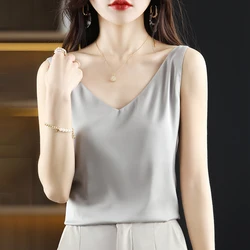Halter Women Sexy Halter V-neck basic Solid Color Sleeveless Satin Silk Tank Top Women's Summer Tank Top RW-D09