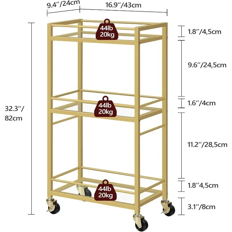 Carro de bebidas de 3 niveles con ruedas para carrito de cocina rodante, carro para servir bar en casa, mini carrito de bar para espacios pequeños