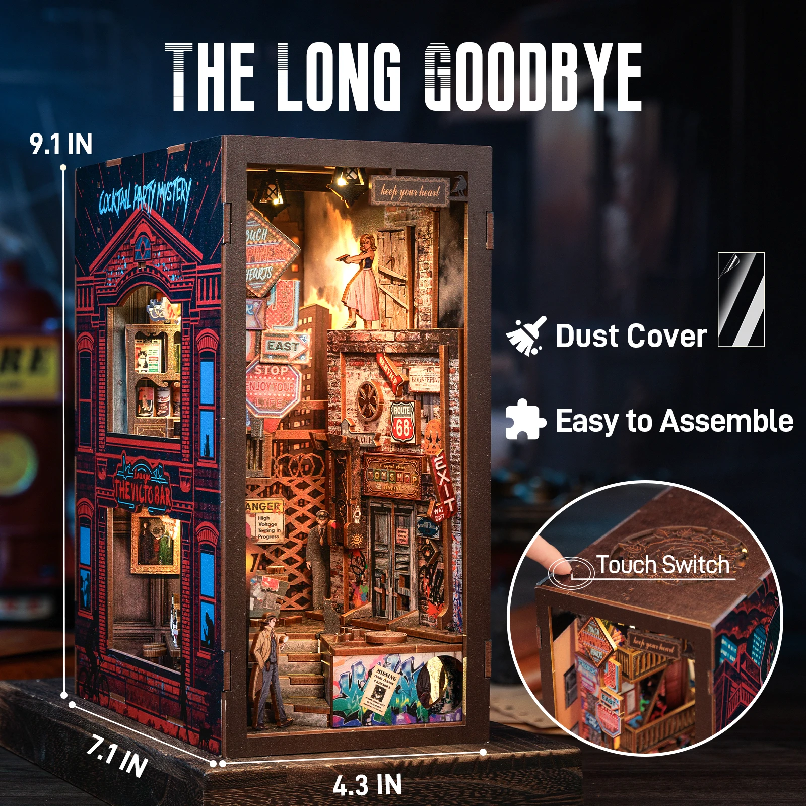 CUTEBEE DIY Book Nook Kit The Long Goodbye Detective Series Miniature Dollhouse with LED Light Dust Cover 3D Wooden Puzzle Books
