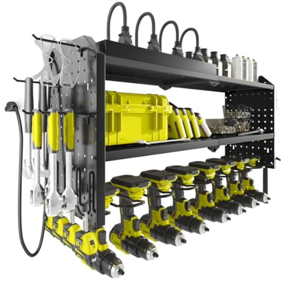 

Органайзер для электроинструментов в гараж с 8-портовым блоком розеток, настенная стойка для хранения инструментов с 8 держателями для беспроводных дрелей