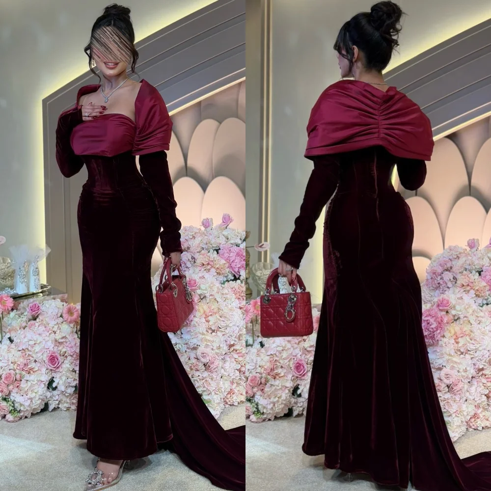 

Customized Sexy Modern Style Velour Pleat Ruched Mermaid Square Neck Long Dresses Bespoke Occasion Dresses High Quality Fashion