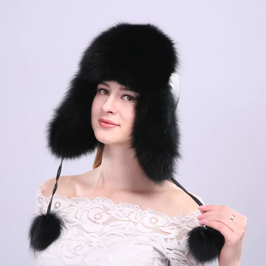 100% Real Fox fur Women's Russian Ushanka Aviator Trapper Snow Skiing Hat Caps With Ear Flap Winter Raccoon Fur Bomber Hat