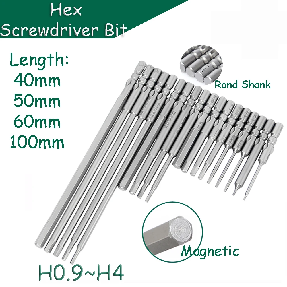 Hex Head Allen Wrench Bits H0.9 H1.27 H1.3- H4 Magnetic 4mm Round Shank S2 Steel 40/50/100mm Length Electric Batch Head Repair