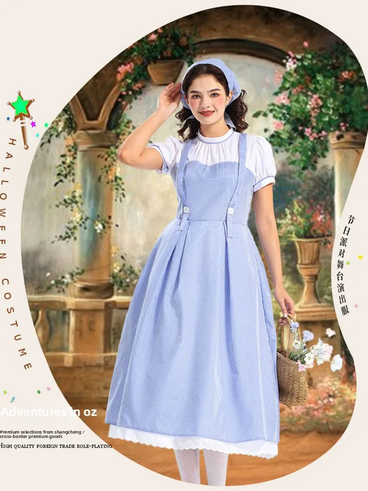 

loween Adult Dorothy Costume Blue Plaid Farm Maid orm Gingham Patterned Country Girl Servant Dr for Par Performance