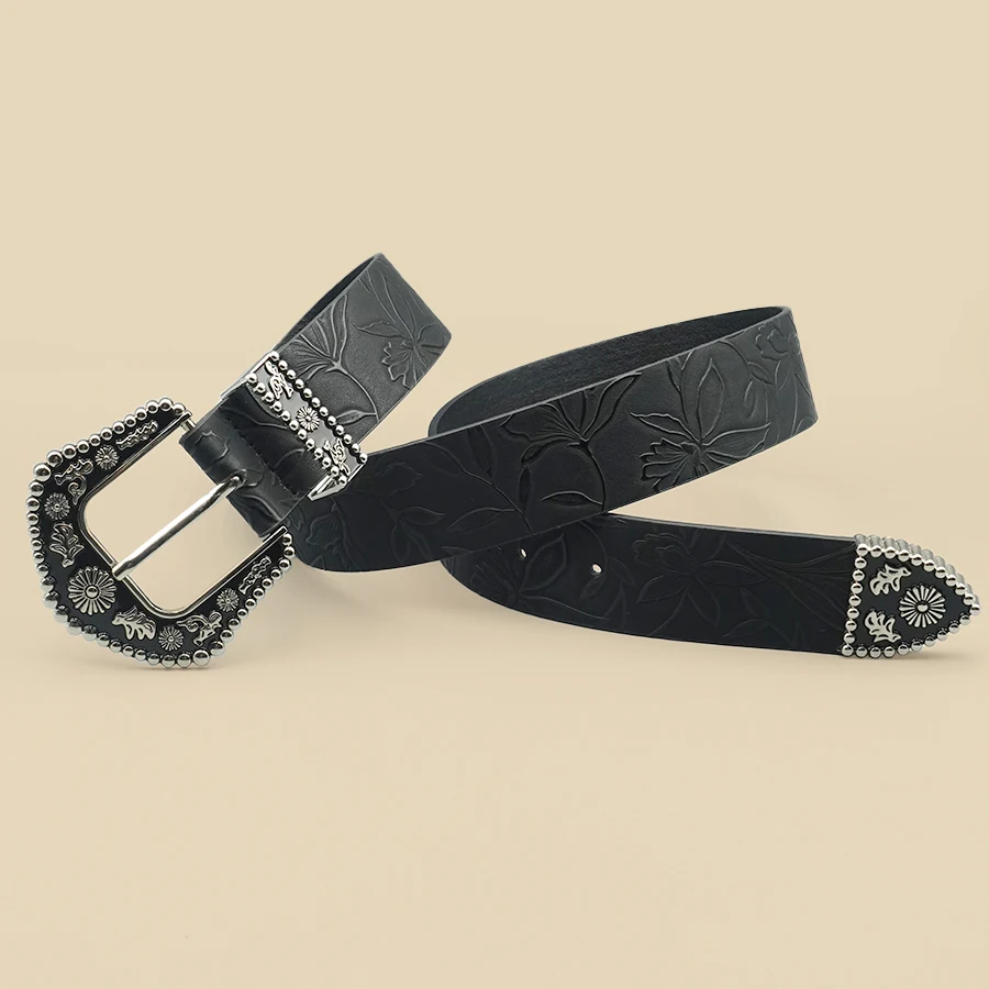 حزام نسائي غربي أنيق عتيق - إبزيم منحوت أسود عصري مع طباعة أوراق رقيقة، زخرفة كلاسيكية غير رسمية