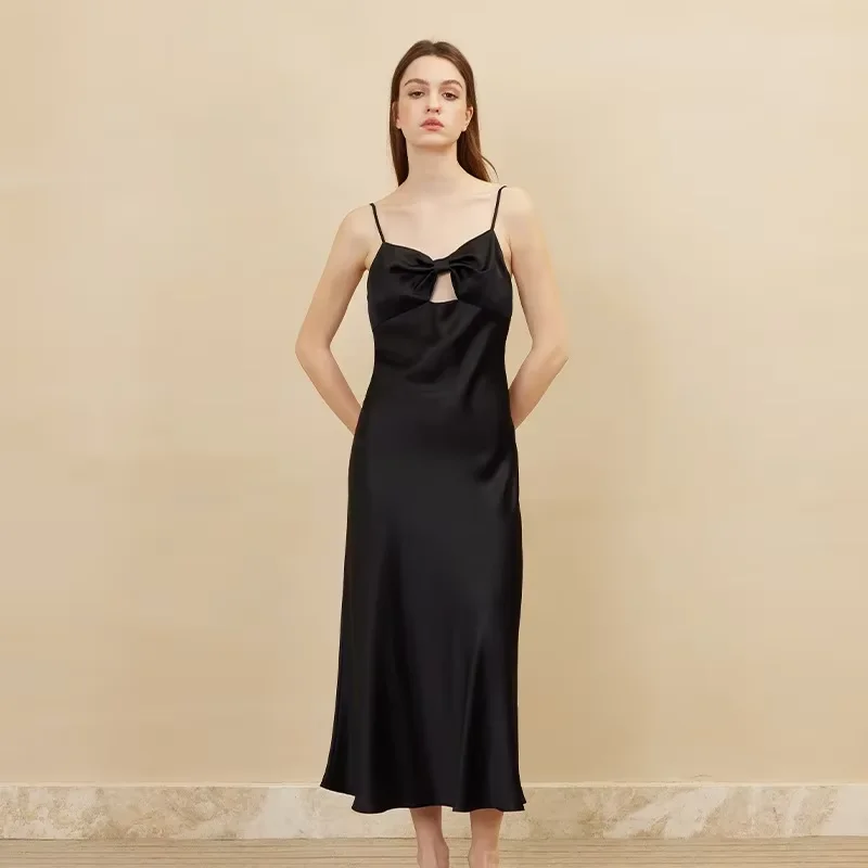 Sexy 100% Moerbei Zijde Avondjurk Strik Borst Spaghetti Band Comfortabele Zijden Lange Nachtjapon Elegante Party Maxi Jurken