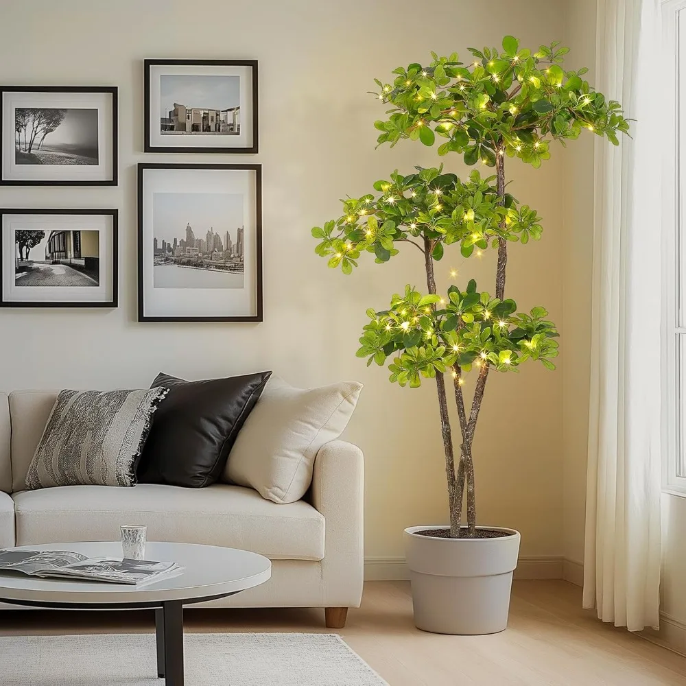 Oliveite preto artificial de 6 pés de altura com 100 luzes LED para uso interno em pote de plástico